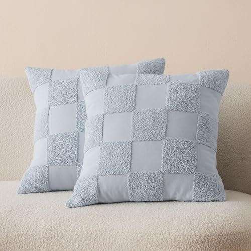 Double Stitch 100% Cotton Boho Checkered Throw Pillow Covers, Arctic Blue - color: Arctic Blue, size: 20" x 20" (Pack of 2)