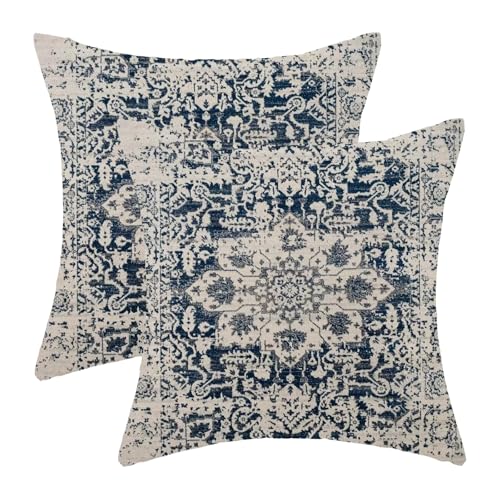 AEIOAE Boho Pillow Covers 16x16 Inch Set of 2,Carpet Pattern Throw Pillows Case,Navy Blue Beige Ethnic Design Outdoor Decorative Square Linen Farmhouse Decor Cushion Covers for Home Sofa Bed Couch - color: Navy Blue Beige, size: 16" x 16" (Pack of 2)