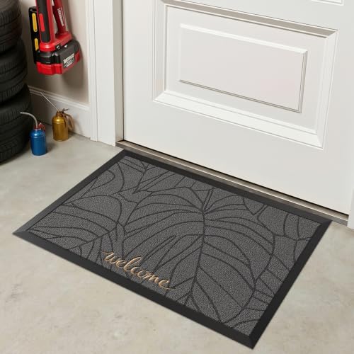 LUMI Outside Welcome Door Mat 20x32, Non-Slip Heavy Duty Dirt Trapper, Grey - color: Grey Gold Monstera, size: 20"x32"