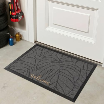 LUMI Outside Welcome Door Mat 20x32, Non-Slip Heavy Duty Dirt Trapper, Grey - color: Grey Gold Monstera, size: 20"x32"