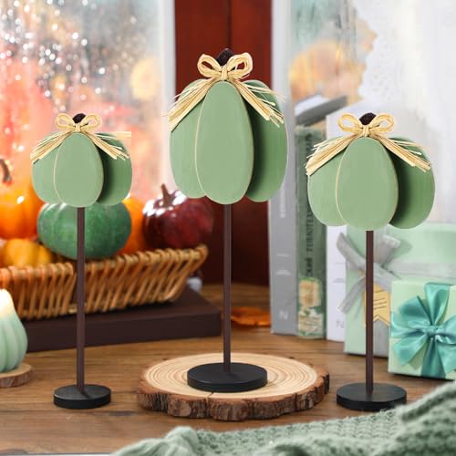 Thyle 3 Pcs Fall Pumpkin Decor, Wooden, Pale Green - color: Pale Green