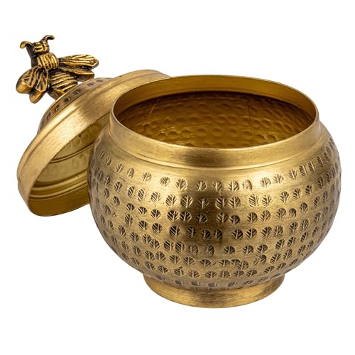 Creative Co-Op Round Hammered Metal Container with Bee Finial, Brass Finish - size: 6 inches (Diameter) x 7 inches (Height), style: Bee