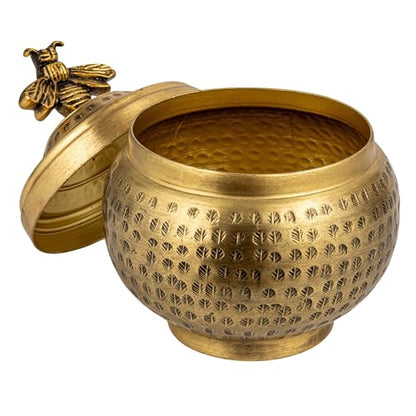 Creative Co-Op Round Hammered Metal Container with Bee Finial, Brass Finish - size: 6 inches (Diameter) x 7 inches (Height), style: Bee