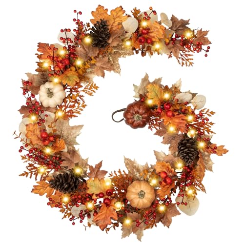 6FT Fall Garland for Mantle with Lights, Pumpkins, Pinecones, Berries - color: Brown