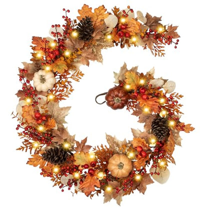 6FT Fall Garland for Mantle with Lights, Pumpkins, Pinecones, Berries - color: Brown