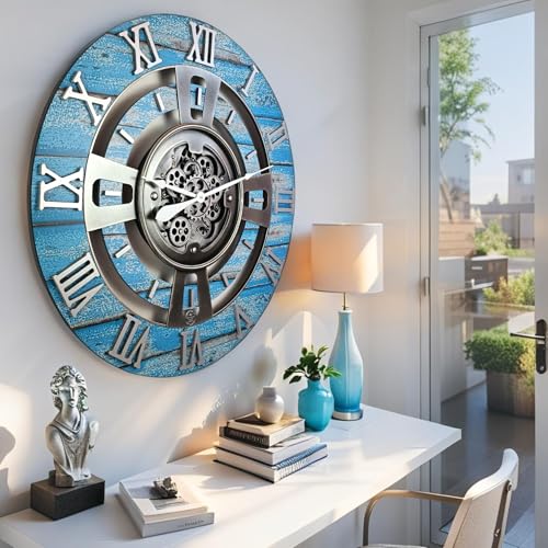 ImprovingLife The Gears Clock Real Moving Gear Wall Clock England Line (Ocean Blue, 24 inches (60 cm)) - color: Ocean Blue, size: 24 inches (60 cm)
