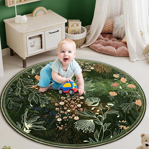 Yinhua Washable Round Rugs 4ft, Dark Green Botanical Area Rugs Non Slip - size: 4ft (Round)