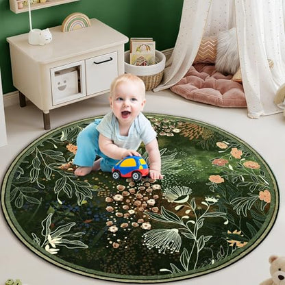 Yinhua Washable Round Rugs 4ft, Dark Green Botanical Area Rugs Non Slip - size: 4ft (Round)