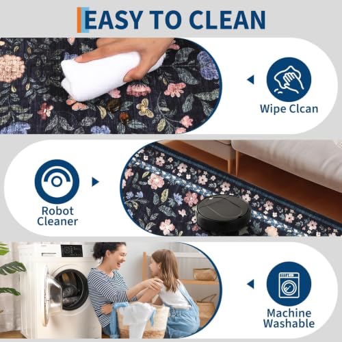 GarveeHome 8x10 Washable Floral Area Rug Living Room Low Pile DarkGreyBlue - color: Dark Grey Blue, size: 8' x 10' (Rectangular)