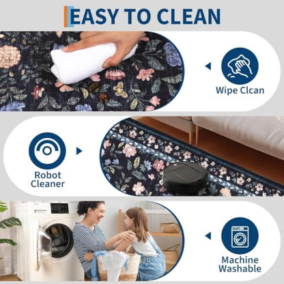 GarveeHome 8x10 Washable Floral Area Rug Living Room Low Pile DarkGreyBlue - color: Dark Grey Blue, size: 8' x 10' (Rectangular)