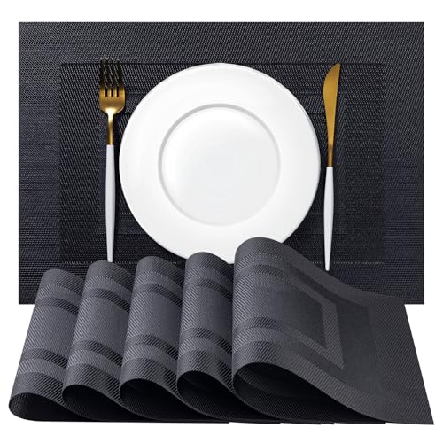 Placemats Set of 6 - Easy Clean Woven Vinyl Placemats for Dining Table, Indoor/Outdoor Place Mats, Washable PVC Table Mats（Black Cube） - color: C-black Cube