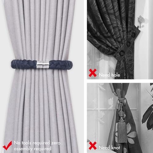 NICEEC 4 Pack Natural Cotton Rope Magnetic Curtain Tiebacks Elegant Twisted Braid Style Drape Tie Backs Soft Hand-Woven Rope Curtain Holdbacks for Home & Office Window Draperies (Dark Blue-01) - color: Dark Blue-01, size: 4 Pack
