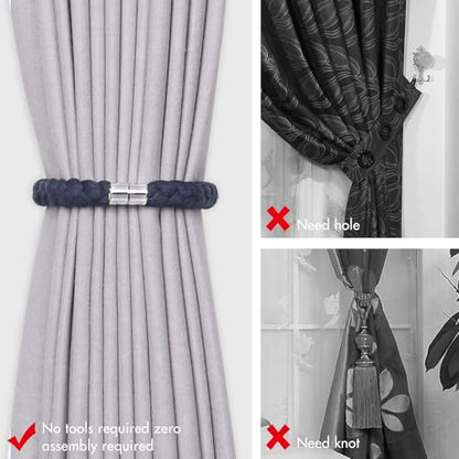 NICEEC 4 Pack Natural Cotton Rope Magnetic Curtain Tiebacks Elegant Twisted Braid Style Drape Tie Backs Soft Hand-Woven Rope Curtain Holdbacks for Home & Office Window Draperies (Dark Blue-01) - color: Dark Blue-01, size: 4 Pack