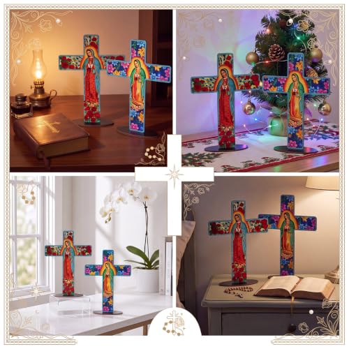 Yuntau 2 Pcs Floral Cross Table Decor Wooden Our Lady of Guadalupe Tabletop - style: Floral Cross