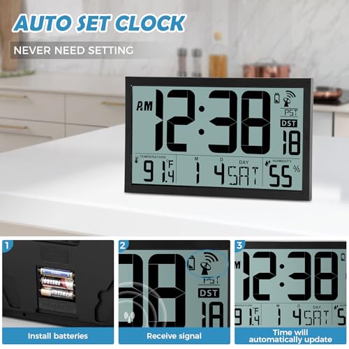 SZELAM Atomic Clock,16.7" Large Display Digital Wall Clock Battery Operated,Digital Calendar Auto Setting Desk Clocks with Indoor Temperature, Humidity,Date,Day,Auto DST for Elderly Bedroom Classroom - color: 16.7" Atomic