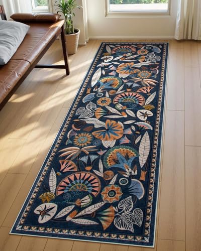 Zealude Egypt Floral Kitchen Runner Rugs Non Skid Washable,2x8 Boho Vintage Hallway Bathroom Runner Rug Non Slip,Soft Long Carpet for Laundry Room Entryway Bedroom (Dark Blue,2 x 8) - color: Blue, size: 2'6'' x 8'(Runner)