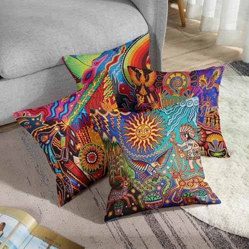 Sanwarm Linen Throw Pillow Covers Set of 4, 16 x 16 Inch, Ethnic Leaf - color: Mexico Boho, size: 16" x 16" (Pack of 4)