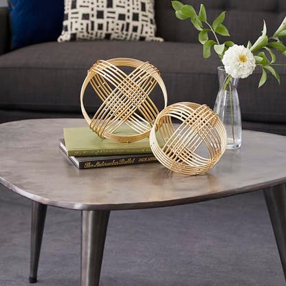 Deco 79 Metal Geometric Decorative Sculpture Layered Orb Home Decor Statues, Set of 2 Accent Figurines 9", 7"W, Gold