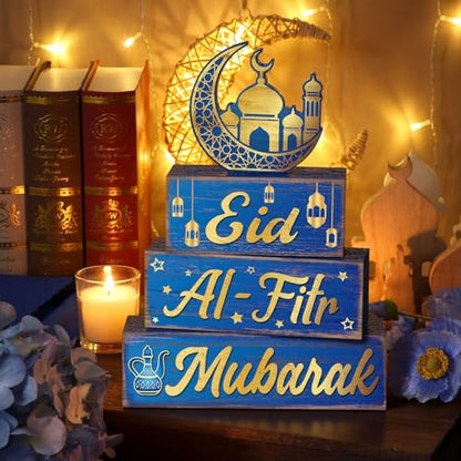 Yousoontic 4 Pcs Eid Mubarak Wooden Table Decor, Ramadan Mubarak Tiered Blocks Islamic Muslim Tabletop Decorations, Moon and Lantern Design, Blue and Gold Eid Table Centerpiece for Home Office - style: Ramadan