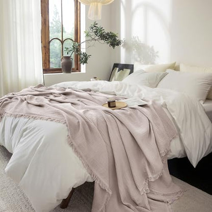 FOSSA Muslin Blanket 4-Layer 100% Cotton Gauze Blanket with Fringe 66"x90" - color: Greyish Pink, size: Twin XL (66" × 90")
