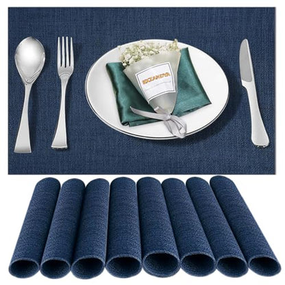 Blue Vinyl Placemats Set of 8,Washable Dining PVC Table Mats - color: Navy Blue, size: 8PCS 12"Wx18"L