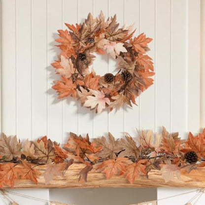 9 Ft Fall Garland with Lights & Timer, Thanksgiving Fireplace Mantel Decor - size: 9 Ft