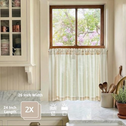 jinchan Linen Striped Tier Curtains for Kitchen Windows Farmhouse - color: Striped Green | on Beige, size: 26"W x 24"L (Pack of 2)