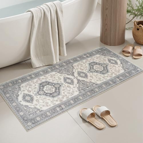 Seavish Gray Boho Bathroom Runner Rug, 20x47 Vintage Absorbent Bath Mat - color: Grey, size: 20 x 47 inch
