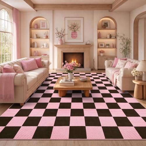 GarveeHome Checkered Brown Pink 8x10 Washable Rug for Living Room Bedroom - color: Brown Pink, size: 8' x 10' (Rectangular)