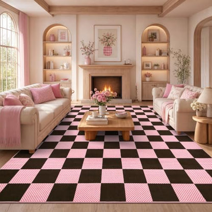 GarveeHome Checkered Brown Pink 8x10 Washable Rug for Living Room Bedroom - color: Brown Pink, size: 8' x 10' (Rectangular)