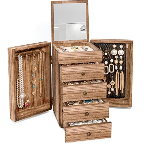 Meangood Jewelry Box Wood for Women, 5-Layer Large Organizer Box with Mirror & 4 Drawers for Rings, Earrings, Necklaces, Vintage Style, Torched Wood - color: Torched Wood, size: 4-Drawer