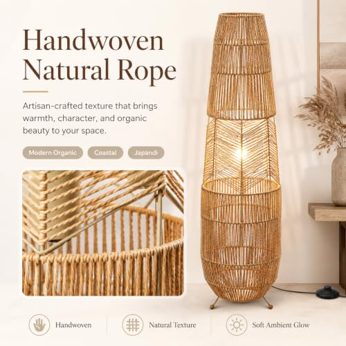 Hand Woven Rattan Floor Lamp,Boho Standing Lamps for Living Room - color: Rope