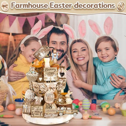 Amyhill 24 Pcs Easter Tiered Tray Decor Bunny Carrot Farmhouse Easter Decorations Spring Wooden Signs Happy Tiered Tray Decor for Home Kitchen Coffee Bar Table Shelf - style: Retro Easter