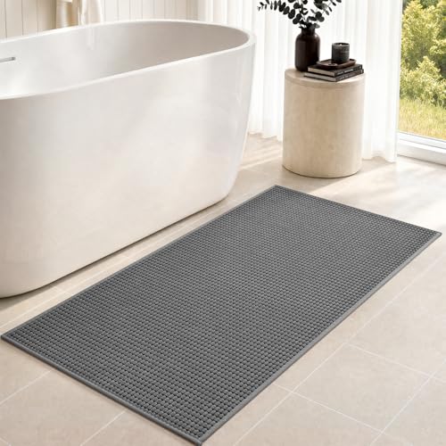 tchdio Bathroom Runner Rug, Absorbent Washable Thin Bath Mat, Non Slip Quick Dry Bath Rugs with Solid Rubber Backing, Low Profile Bath Mat, Grey, 24" x 70" - color: Grey, size: 5'10" x 2' (Rectangular)