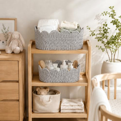 Endymion Set of 2 Paper Rope Scalloped Basket, Wicker Storage Baskets - color: Grey