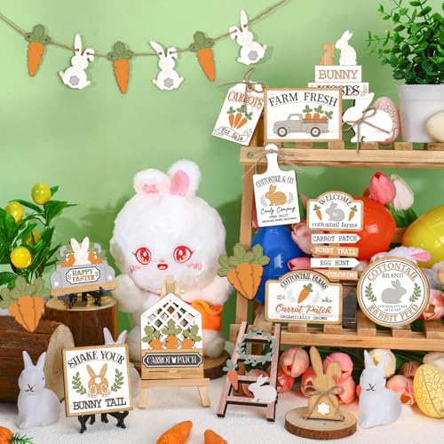 Amyhill 24 Pcs Easter Tiered Tray Decor Bunny Carrot Farmhouse Easter Decorations Spring Tiered Tray Decor Wooden Signs Mini Table Decorations for Home Kitchen Coffee Bar Shelf - style: Fresh Easter