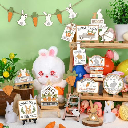 Amyhill 24 Pcs Easter Tiered Tray Decor Bunny Carrot Farmhouse Easter Decorations Spring Tiered Tray Decor Wooden Signs Mini Table Decorations for Home Kitchen Coffee Bar Shelf - style: Fresh Easter