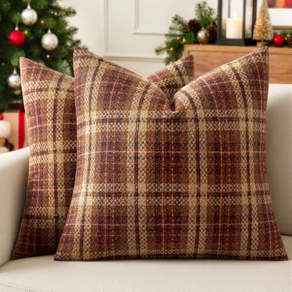 MIULEE Tartan Plaid Throw Pillow Covers Fall 18x18 Inch Reddish Brown - color: Reddish Brown, size: 18" x 18" (Pack of 2)