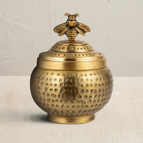 Creative Co-Op Round Hammered Metal Container with Bee Finial, Brass Finish - size: 6 inches (Diameter) x 7 inches (Height), style: Bee