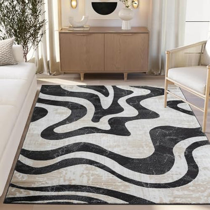 Beige Black Swirl Modern Area Rug – 9' x 12' – Contemporary Abstract Design – Terra Collection – Non-Shedding, Fade-Resistant, Easy to Clean – Durable for High Traffic Areas – Living Room & Bedroom - size: 9' x 12' (Rectangular)