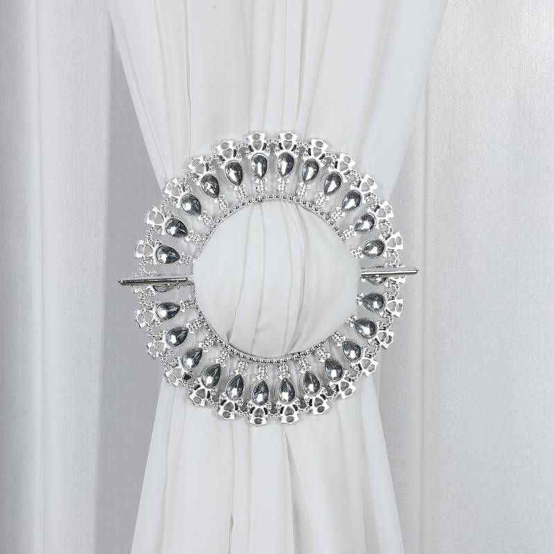 2 Pack Shiny Curtain Tiebacks Luxury Curtain Holdbacks Plastic Curtain Clips Buckle Drapery Holdbacks Crystal Drapery Tiebacks for Window Decoration, with Fixing Rod (26 Crystals, Gold) (Silver)