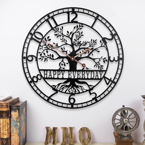 Dankeit Tree of Life Wall Clock,Metal Black Large Wall Clock, 24inch Oversized Wall Clock for Living Room Bedroom Home Decor,Silent Mid-Century Clock,Modern Family Tree Clock - color: C