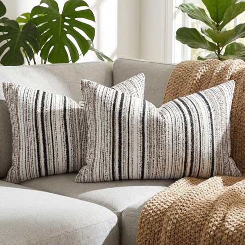 Set of 2 Striped Chenille Throw Pillow Covers 12x20 Inches Premium Plush Textured Decorative Cushion Covers Reinforced Hidden Zipper Mid-Century Modern Farmhouse Decor for Couch Sofa Black - color: Black, size: 20" x 12" (Pack of 2)