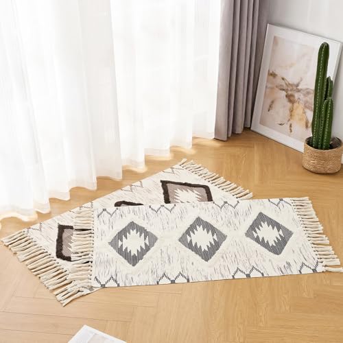 Boho Runner Rug, Washable Hallway Rug Runner Non Slip Rubber Backed, Kitchen Farmhouse Area Rug Floor Mat with Tassels, Tufted Woven Cotton Entryway Carpet (Brown, 2.3'x3.8') - color: Brown, size: 2'4" x 3'10" (Runner)