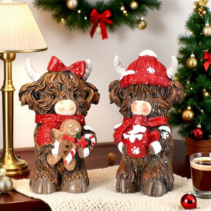 2 Pcs Christmas Highland Cow Figurines Decor, Christmas Cow Gifts - style: Christmas Snowflakes