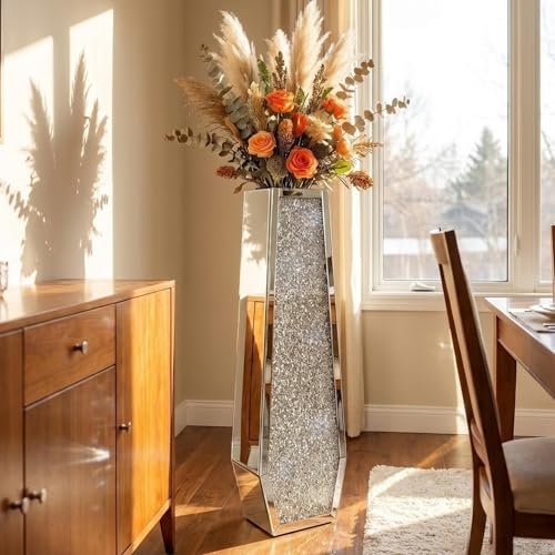 36" Extra Tall Double Sided Crushed Diamond Vases,Six Sided Three-Dimensional Diamond Vase,Extra Large Mirrored Silver Crystal Vase for Home,Office,Hotel(10.6" Lx5.37 W x 36" H) - size: Crushed Diamond:10.6"L X 5.37"W X 36"H