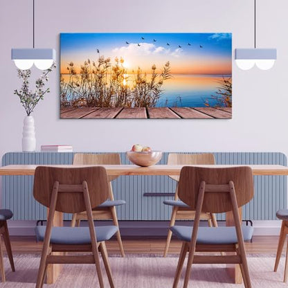 MHARTK66 Large Coastal Beach Sunset Canvas Wall Art for Living Room, 60x30 - color: Blue Sunrise Scenery (Wrapped Canvas), size: 60"L x 30"W
