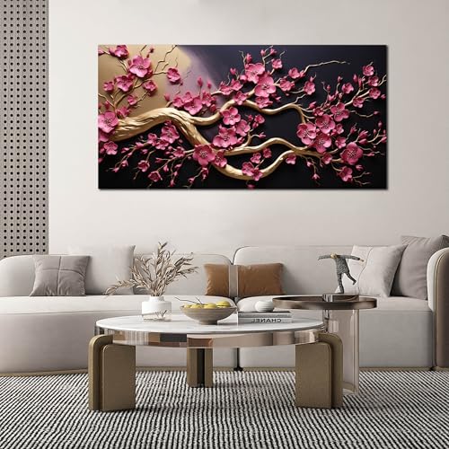 Ouzzlie Tree Wall Art Gold Picture for Living Room - color: pink, size: 59"L x 29"W