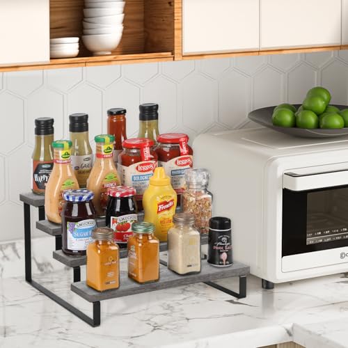 YINMIT Wooden Display Riser Stand, Tiered Perfume and Cologne Organizer Stand, 4 Tier Spice Rack Organizer, Rustic Display Shelf for Candles (4 Tier,Grey) - color: 4 Tier,1 Pack,Grey