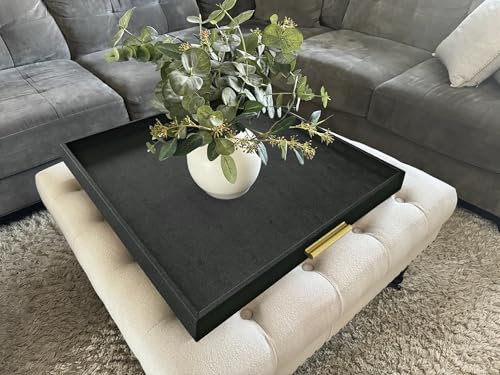 HofferRuffer Extra Large Square Serving Tray, Elegant Faux Leather Ottoman Tray with Gold Hardware Handles, Serve Tea, Coffee or Breakfast in Bed, 24 x 24 inches (Black Shagreen) - color: Black, size: 24" x 24" x 2"